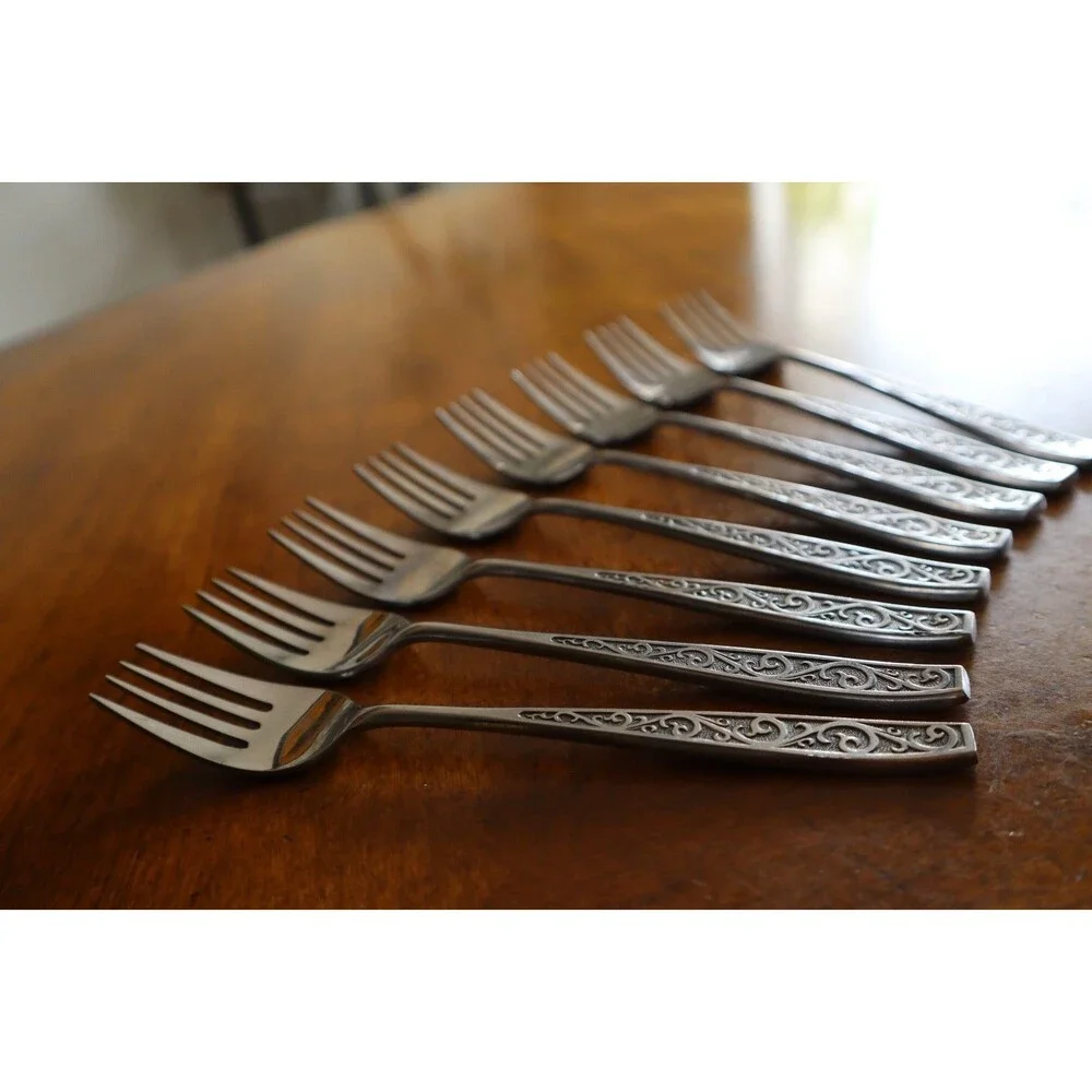 Lot 8x Imperial International IIC DAVOS Stainless Black Floral Salad Fork 6.25